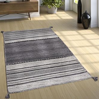 Paco Home Tappeto Design Tessuto Kelim Lavorato a Mano 100% Cotone Moderno Fantasia Grigio 160x220 cm - Paco Home