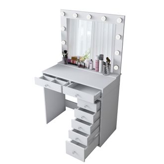 Dmora Toiletta Cocchiara, Tocador Con Espejo, 7 Cajones, Luces Incluidas, 90x45x153h Cm Blanco