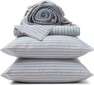 Coyuchi Crinkled Organic Percale Sheet Set in Indigo Stripe at Nordstrom, Size California King
