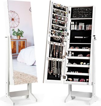 Costway Costway - Armadietto Portagioie Specchiera Per Gioielli, Armadio Per Gioielli 2 In 1 Con Grande Capacit&agrave;, 4 Angoli Regolabili, 41 X 36,5 X 146 Cm (bia