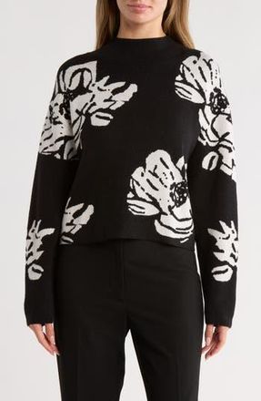 T Tahari Mock Neck Jacquard Sweater in Black/White Star Floral at Nordstrom Rack, Size Large