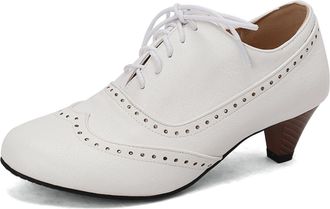 Generic Womens Brogue Detail Round Toe Lace-Up Pumps Slim Wood Heel Textured Upper Soft Inner Lining Non-Slip Adjustable Comfortable Shoes,White,8.5 UK