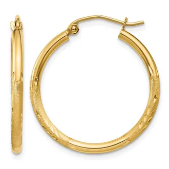 Diamond2Deal 14k Gold Satin & Diamond-cut 2x25mm Round Hoop Earrings