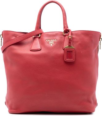 Prada Red Vitello Daino Side Zip Shopper Tote