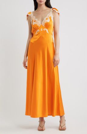D&ocirc;en Fiona Lace Trim Silk Blend Maxi Dress in Tangerine at Nordstrom, Size Medium