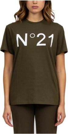 N&deg;21 Groen Katoenen T-shirt met Logo - Dames - T-shirts - Groen - M - Katoen - Tops