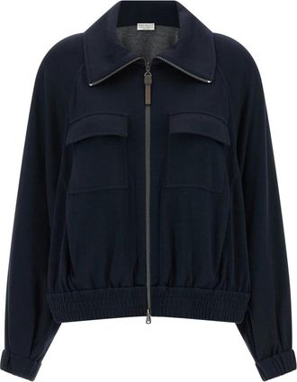 Brunello Cucinelli Sweatshirt van katoen en zijde interlock - Dames - Zomerjassen - Blauw - XS - Katoen - Jassen