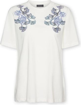 Elena Miro T-shirt met bloemenborduursel - Dames - T-shirts - Wit - 2XL - Katoen - Tops