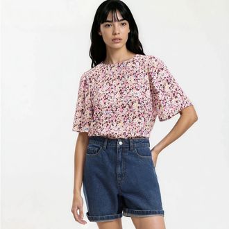 La Redoute Collections Blouse met korte mouwen, bloemenprint op de rug en knoopsluiting