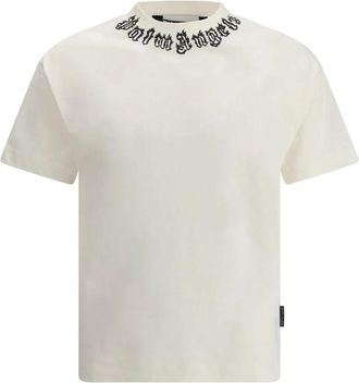 Palm Angels T-shirt met Geborduurde Kraag en Monochroom Patroon - Heren - T-shirts - Wit - L - Katoen - Tops