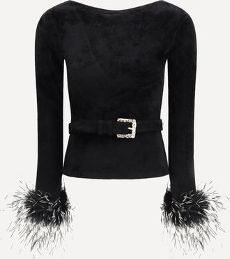 Self Portrait Feather-trimmed Chenille Knit Top Female L