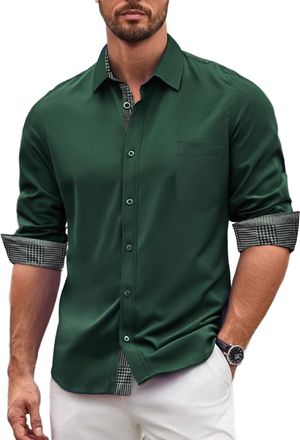 Barry.Wang Mens Dress Shirts Long Sleeve Button Down Business Formal Work Shirt Collar Cuff Contrast Casual Dark Green Shirt Party