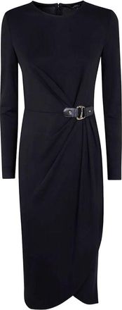 Ralph Lauren Fitted Black Midi Dress with Draped Front and Decorative Belt