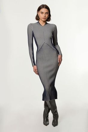 Karen Millen Stripe Fitted Knitted Midi Dress in Navy at Nordstrom, Size Medium