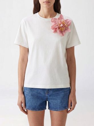 Tory Burch T-shirt girocollo in cotone con applicazione a fiore ricamata