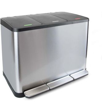Emuca Recycle Inox, contenitore per la raccolta differenziata da esterno con scomparti, apertura del coperchio a pedale, 3x15 lt, Acciaio inossidabile