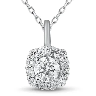 Pompeii3 5/8ct Cushion Halo Diamond Pendant 14k White Gold & 18 Chain