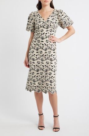 Elie Tahari The Presley Cotton Blend Lace Midi Dress in Ivory/Noir at Nordstrom, Size 16