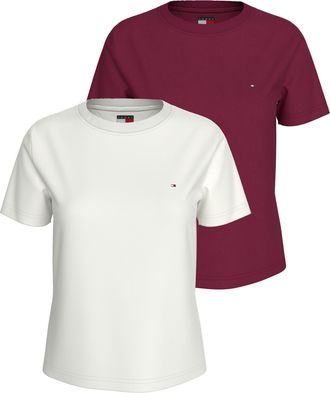 Tommy Jeans T-Shirt TOMMY JEANS TJW 2PACK C-NECK TEE, Damen, Gr. XL (42), ecru, lavish cerise, Single Jersey, Obermaterial: 100% Baumwolle, unifarben, slim fit h&uuml;