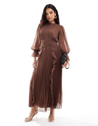 Asos high neck ruched belt detail maxi dress in chocolate-Brown