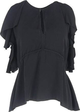 Theory Desiraya Ruffled Cold Shoulder Blouse in Black Silk