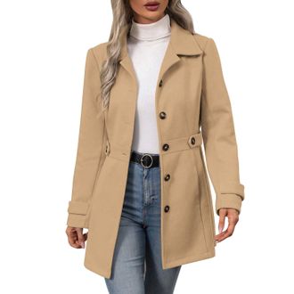 Generic Yolimok Ladies Jackets Belted Trench Coats for Women Button Front Collared Casual Outerwear Womens Coats Winter Jackets for Women Elegant Lapel Collar