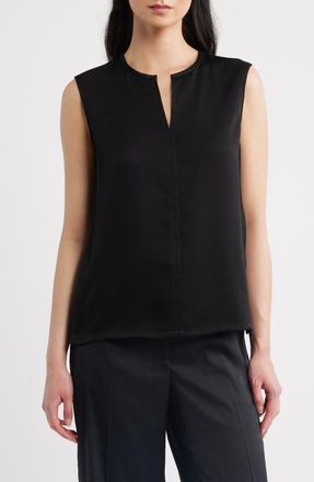Theory Split Neck Satin Tank in Black at Nordstrom, Size X-Small