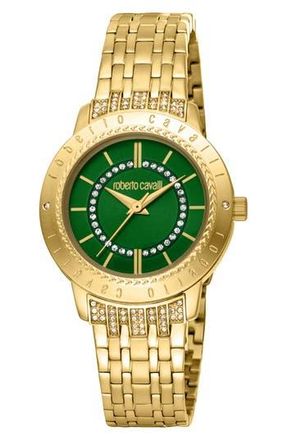 Roberto Cavalli Crystal Bracelet Watch, 32mm in Gold/green at Nordstrom Rack