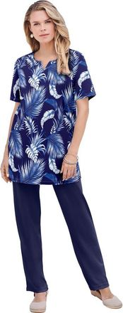 Roaman's Plus Size Soft Knit Print Tunic With Notch Neckline in Navy Palm Print at Nordstrom, Size 1X