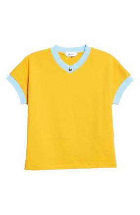 Versace Cotton Ringer V-Neck T-Shirt in Yellow Azure Blue at Nordstrom, Size 2 Us