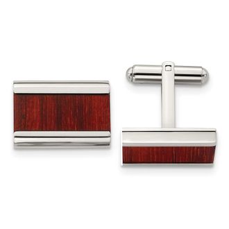 Diamond2Deal Stainless Steel Polished Red Orange Koa Wood Inlay Rectangle Cufflinks