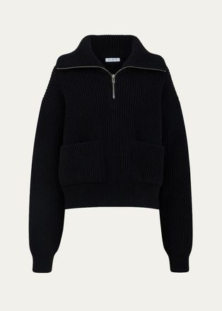 Alaia Wool-Cashmere Rib Half-Zip Trucker Sweater