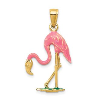 Diamond2Deal 14k Gold Enameled 3-D Pink Flamingo Pendant