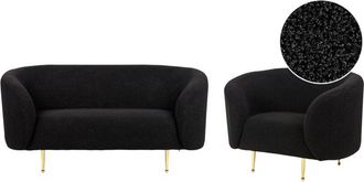 Beliani Conjunto De Sala De Estar 3 Plazas De Poli&eacute;ster Negro Dorado Boucl&eacute; Patas Loen