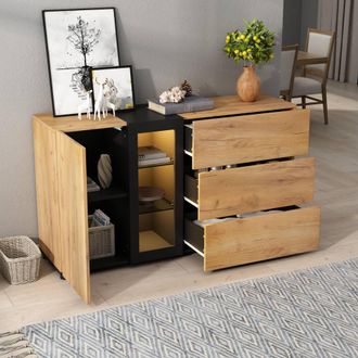 Merax Modern Display Sideboard with Smart App LED Lights & Glass Shelves in Brown