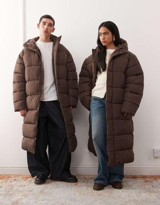 Collusion Unisex - Piumino lungo marrone cioccolato-Nero