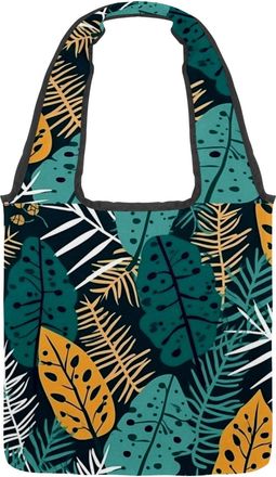Generic Tropical Leaves Pattern Reversible Canvas Shoulder Tote - Double-Sided Print, 12oz Cotton, 27cm Drop, Fold-Flat Bag for Travel, Shopping, Street Outin