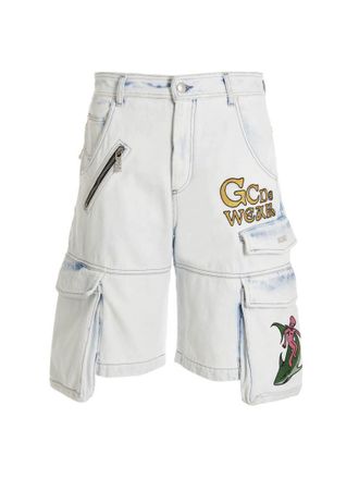 GCDS Mens Bleached Embroidered Ultracargo Bermuda Shorts