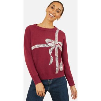 Yumi Sequin Bow Knitted Sweater in Burgundy at Nordstrom, Size Medium