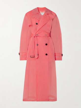 Dries Van Noten Trench Doppiopetto In Organza Increspata Con Cintura - Rosa
