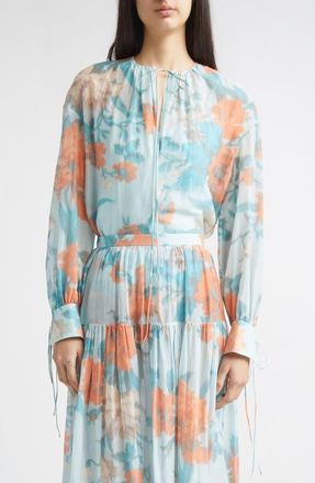 Erdem Floral Print Cotton & Silk Voile Top in Trailing Poppy Dream Blue at Nordstrom, Size 10 Us
