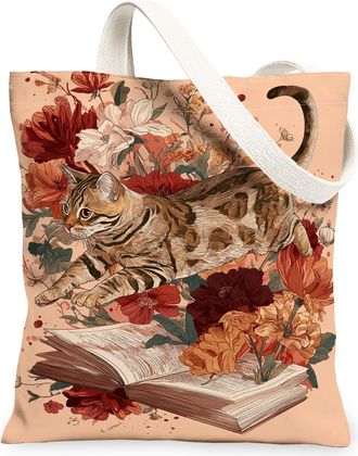 Generic Floral Cat Canvas Tote Bags, Stylish Flower Design Reusable Grocery Bags, Autumn Vintage Lightweight Washable Shoulder Stra, Peach, 13x15 Inch