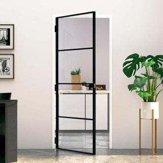 vidaXL Puerta De Interior Vidrio Templado Y Aluminio Negro 83x201,5 Cm Vidaxl