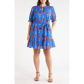 Sugarlips Lenira Floral Negin Split Neck Minidress in Blue-Red at Nordstrom, Size 3X