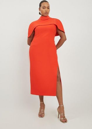Karen Millen Plus Size Compact Stretch Caped Cap Sleeved Neck Tie Tailored Midi Dress