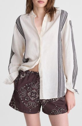 Madewell Vertical Stripe Linen Blend Button-Up Shirt in Bold Placement Stripe Black at Nordstrom, Size Xx-Small