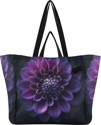 Generic Purple Flower Black print Reusable Canvas Tote Bag, Heavy Duty Grocery Shopping Bag with Hard Bottom Double Handles Large Capacity Work Groceries Trav