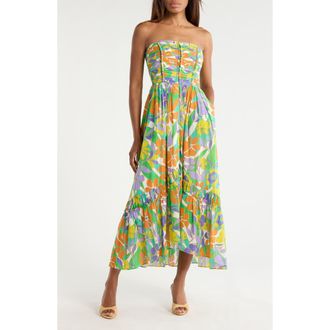 Ramy Brook Murphy Floral Strapless Pliss&eacute; Maxi Dress in Retro Garden at Nordstrom Rack, Size X-Small