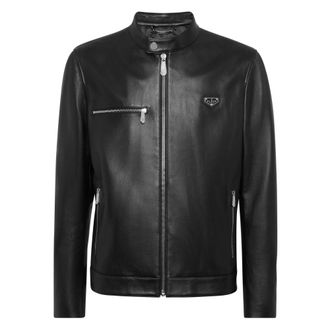 Philipp Plein Leren Bikerjack - Heren - Leren en Su&egrave;de Jassen - Zwart - XL - Leer - Jassen
