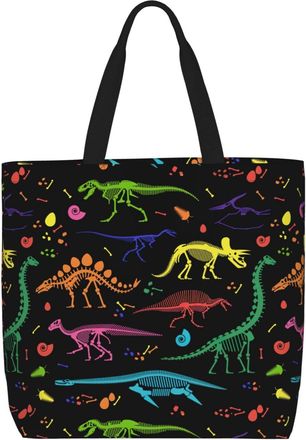 Generic Women Handbag Black And White Dinosaur Skeleton Pattern Women Tote Bag Casual Waterproof Shopping Bags, For Christmas, Wedding, School, Birthday, Work